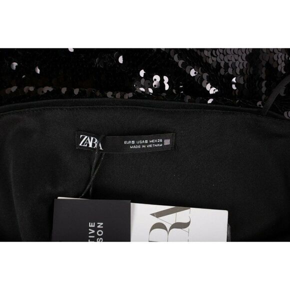 Zara Womens Sequin Mini Dress S Black Ruffle - Picture 6 of 6